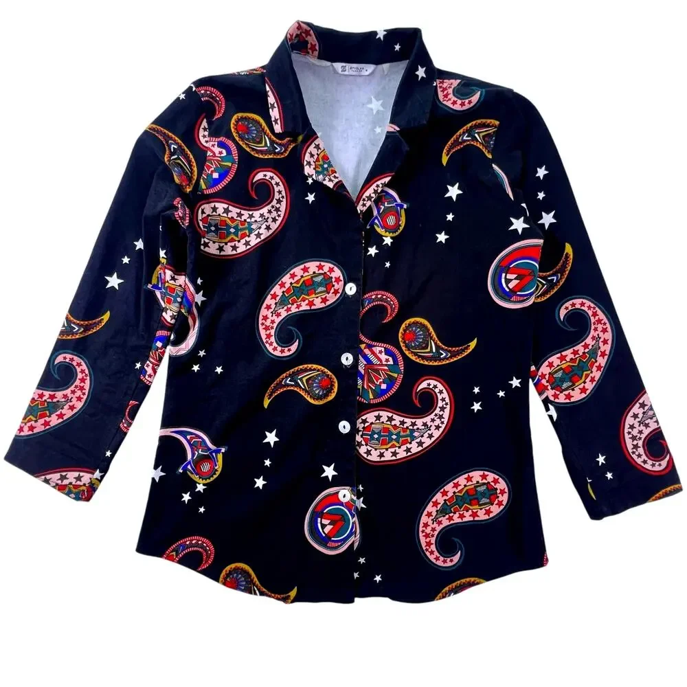 Paisley Star Print Matching Set Womens M Black Pajama Style Indie Cropped Pants